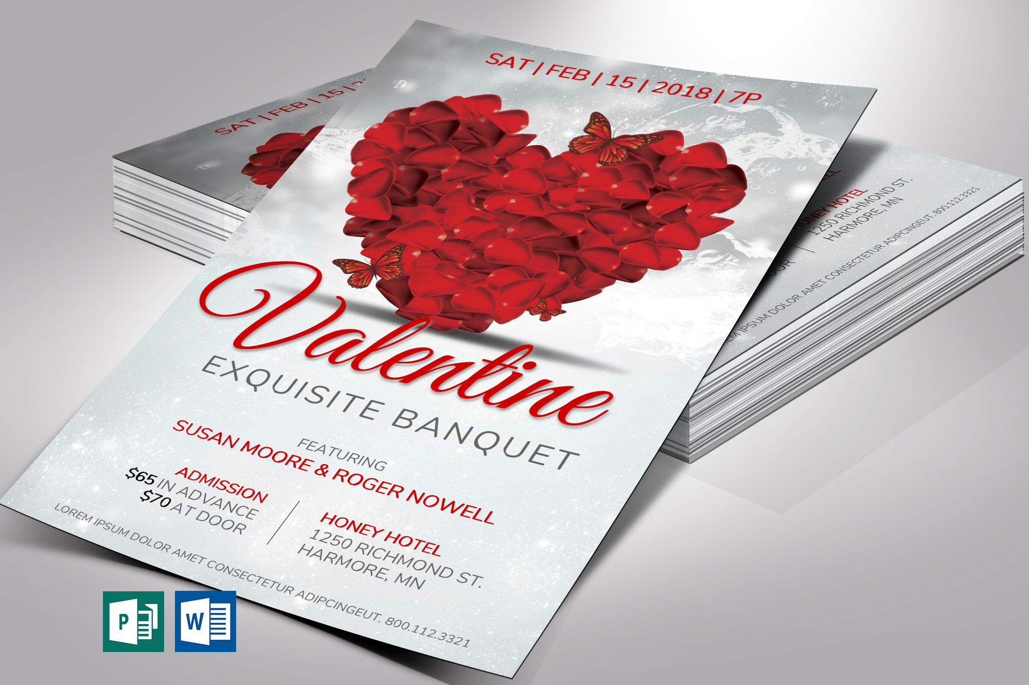Petals Valentines Day Banquet Flyer Template, a Word Template and Publisher Template set is 5.5x8.5 inches. It features a red heart created with rose petals and butterflies