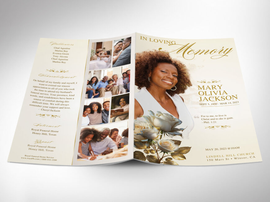 Beige Classic Rose Funeral Program Template, Canva, Beige Gold, Magazine-Style, Obituary Template, Celebration of Life, 8 Pages, 5.5x8.5 in