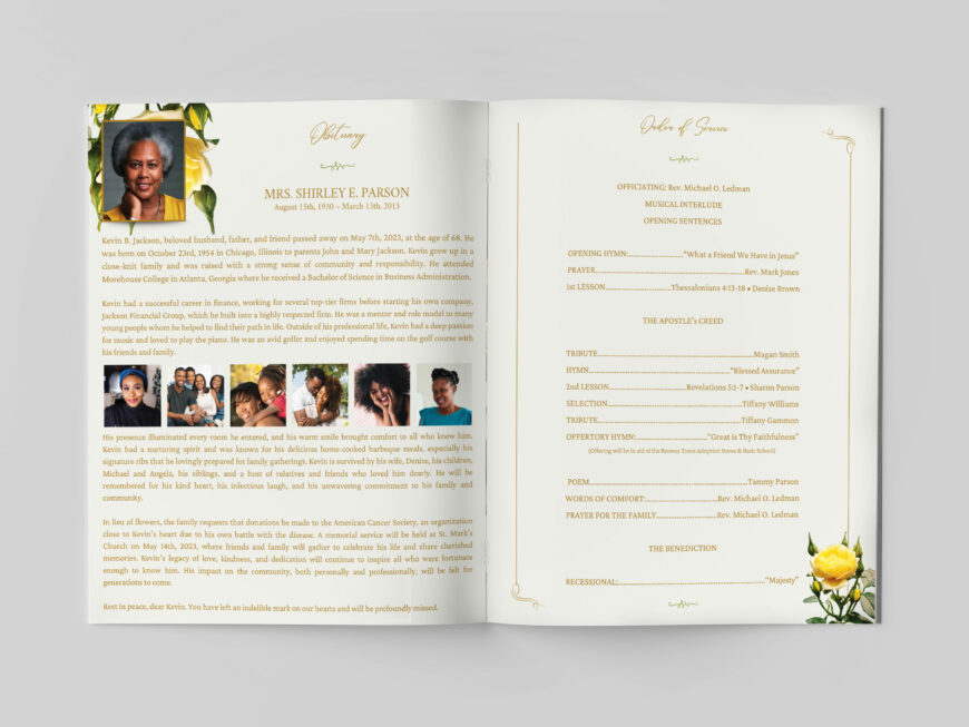 Yellow Rose Legal Funeral Program Template for Canva