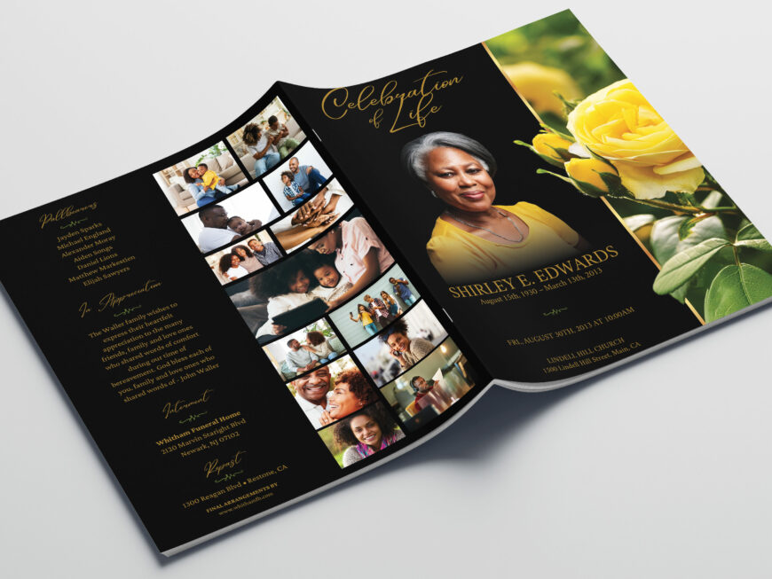 Yellow Rose Legal Funeral Program Template for Canva