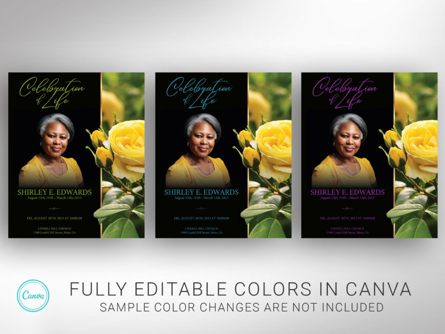 Yellow Rose Legal Funeral Program Template for Canva