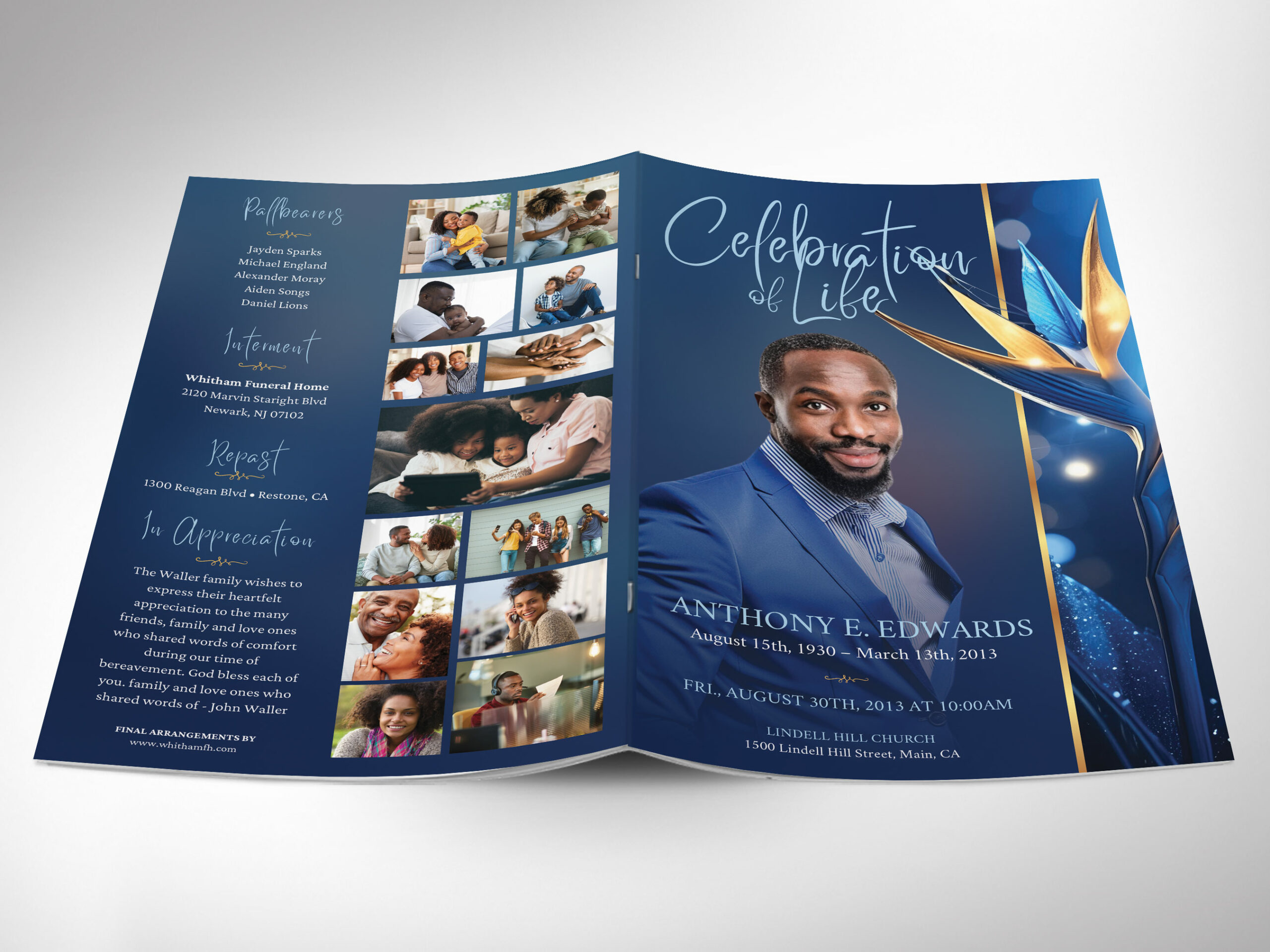 Blue Paradise Funeral Program Template for Canva