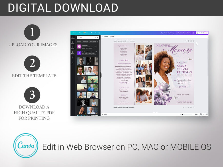 Classic Rose Funeral Program Template, Canva