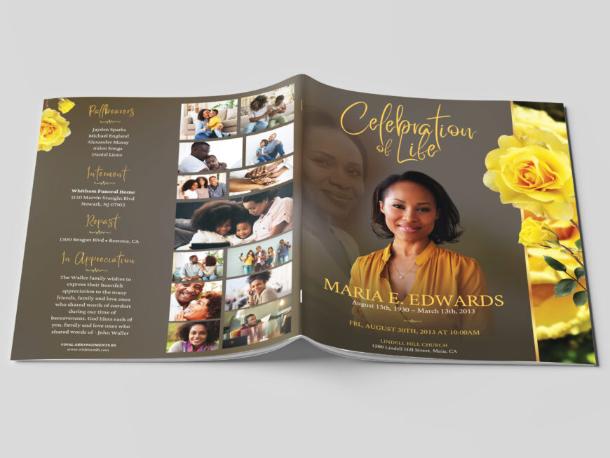 Yellow Rose Funeral Program Template for Canva