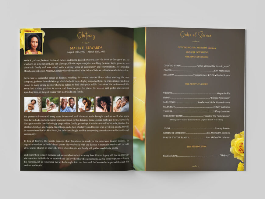 Yellow Rose Funeral Program Template for Canva