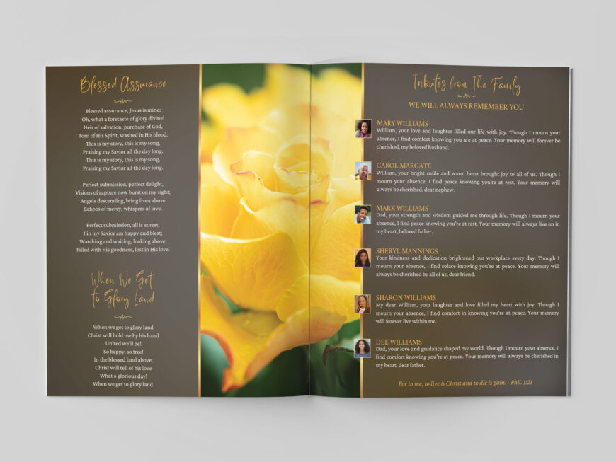 Yellow Rose Funeral Program Template for Canva