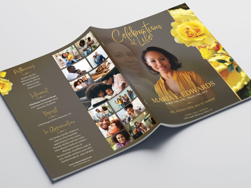 Yellow Rose Funeral Program Template for Canva