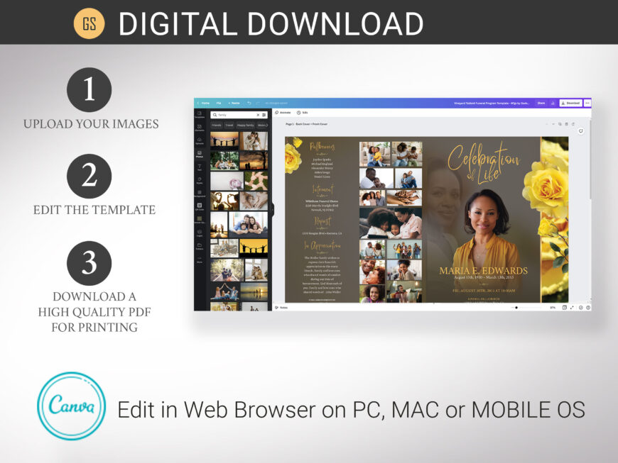 Yellow Rose Funeral Program Template for Canva