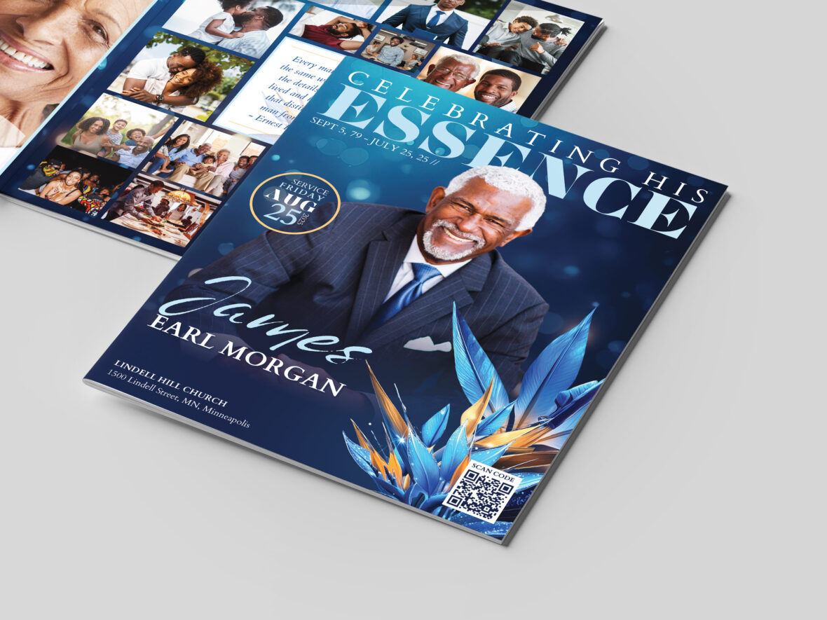 Blue Funeral Program Template for Canva, 8-Page Legal, Navy Blue, Magazine-Style, Celebration of Life, Men's Burial Obituary, Digital 7x8.5"