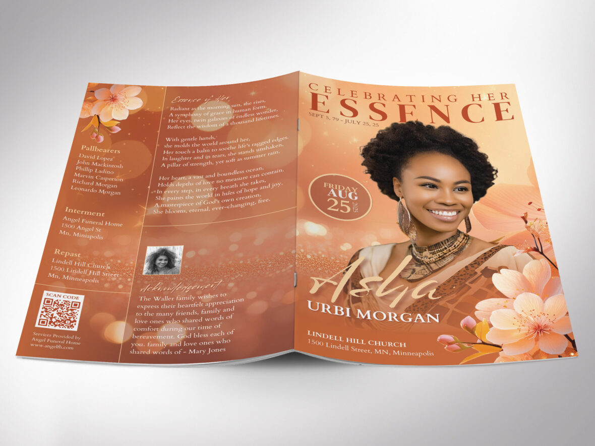 Orange Funeral Program Template, Canva, Cherry Floral Essence, 8-Page Burial, Magazine-Style, Celebration of Life, Women's Obituary, 5.5x8.5