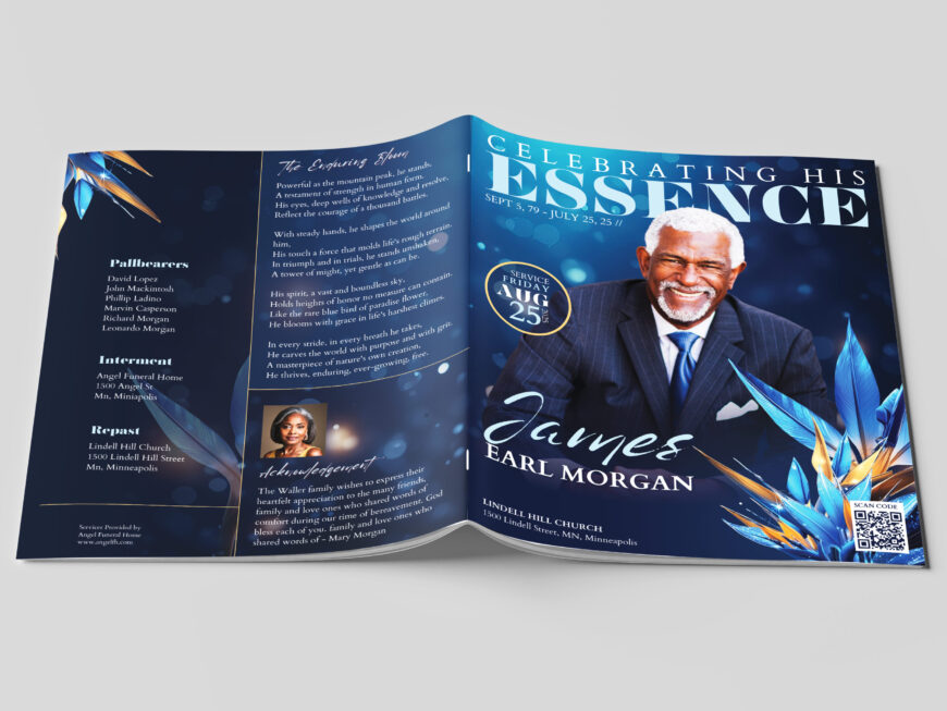 Blue Essence Funeral Program Template for Canva