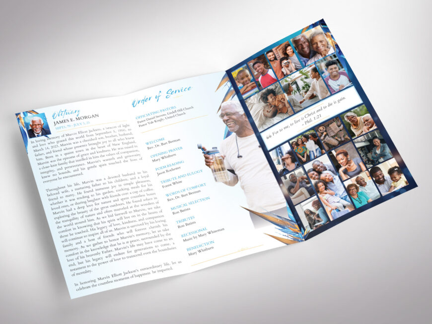 Blue Trifold Funeral Program Template for Canva