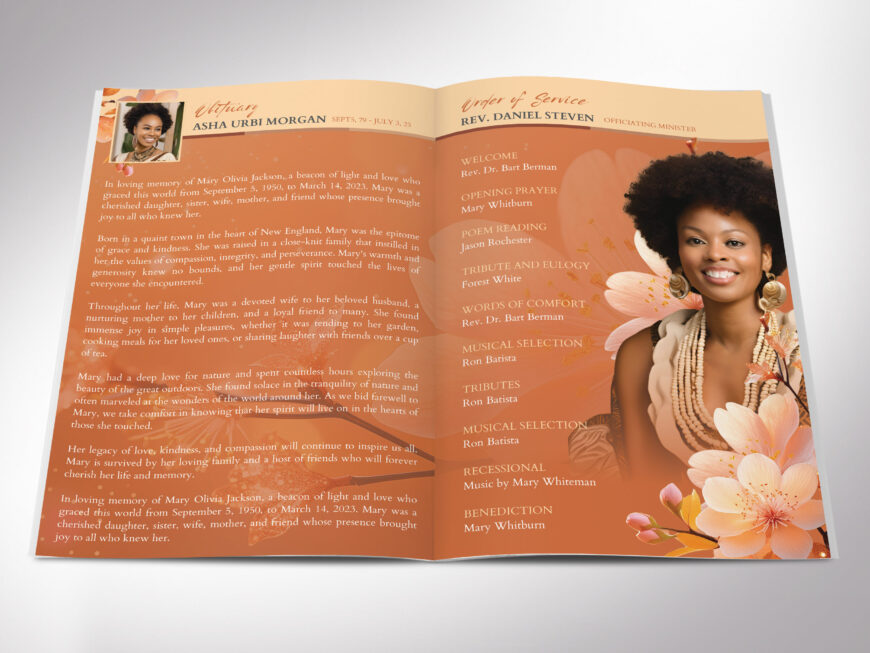 Orange Essence Funeral Program Template for Canva