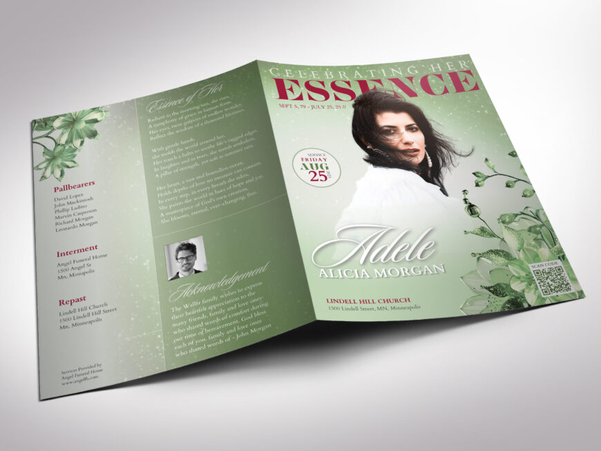 Green Essence Funeral Program Template for Canva