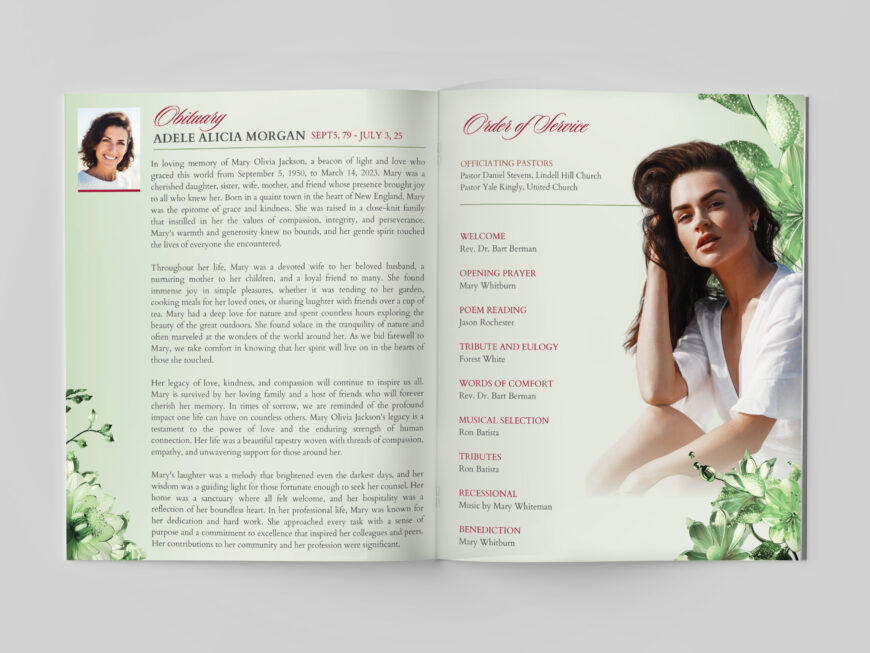 Green Legal Funeral Program Template for Canva