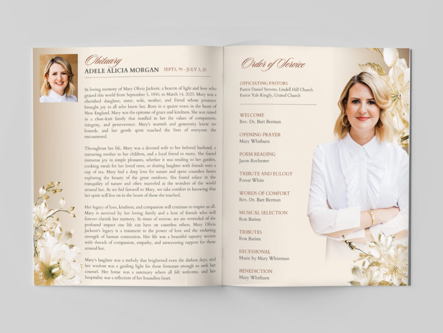 Beige Funeral Program Template for Canva