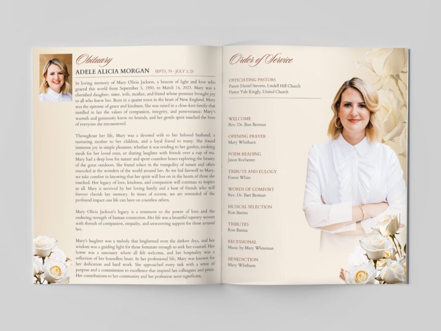 White Rose Funeral Program Template for Canva