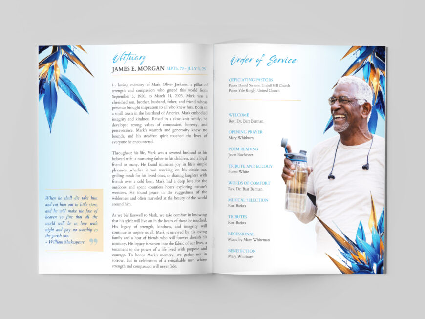 Blue Essence Funeral Program Template for Canva