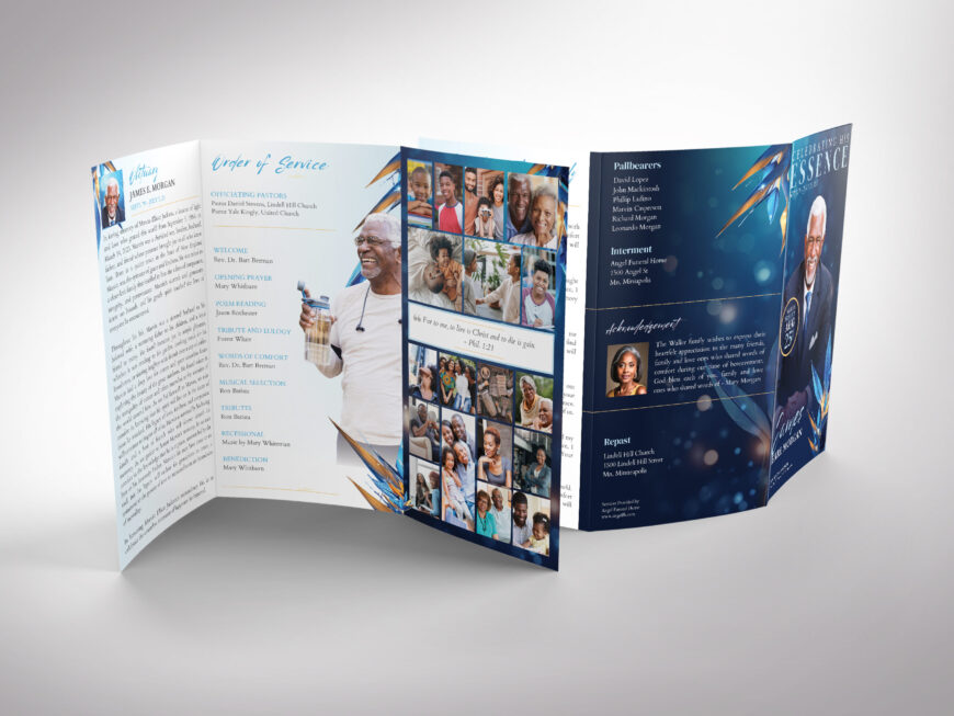 Blue Trifold Funeral Program Template for Canva