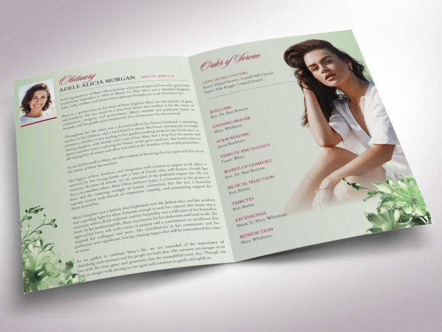 Green Essence Funeral Program Template for Canva