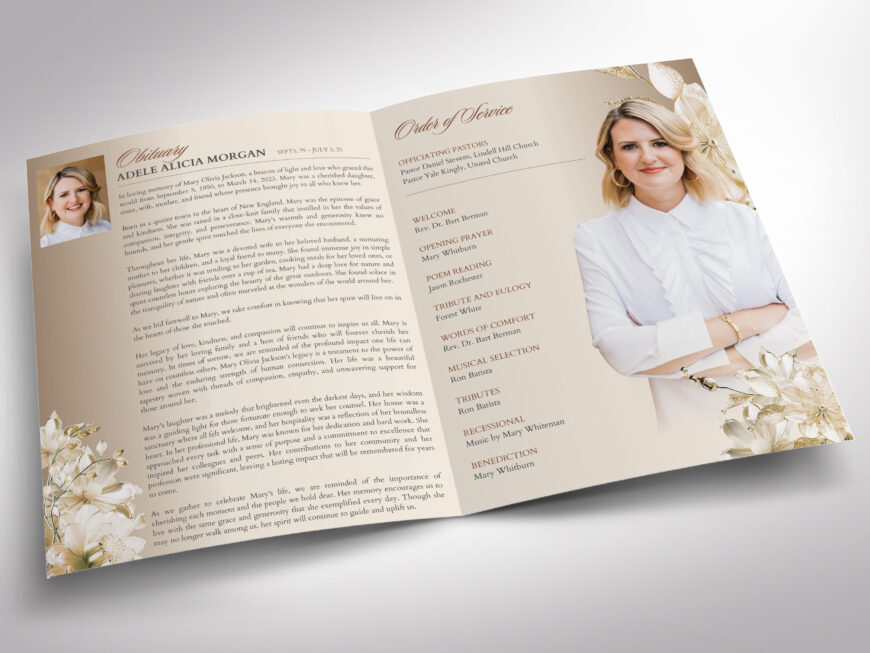 Beige Essence Funeral Program Template for Canva