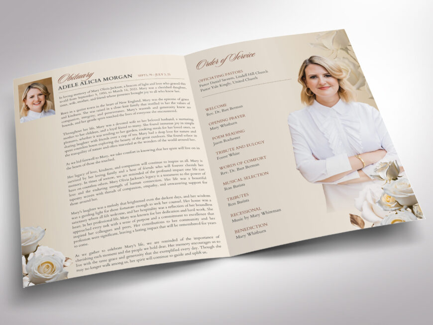 White Rose Tabloid Funeral Program Template for Canva