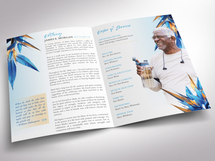 Blue Tabloid Funeral Program Template for Canva