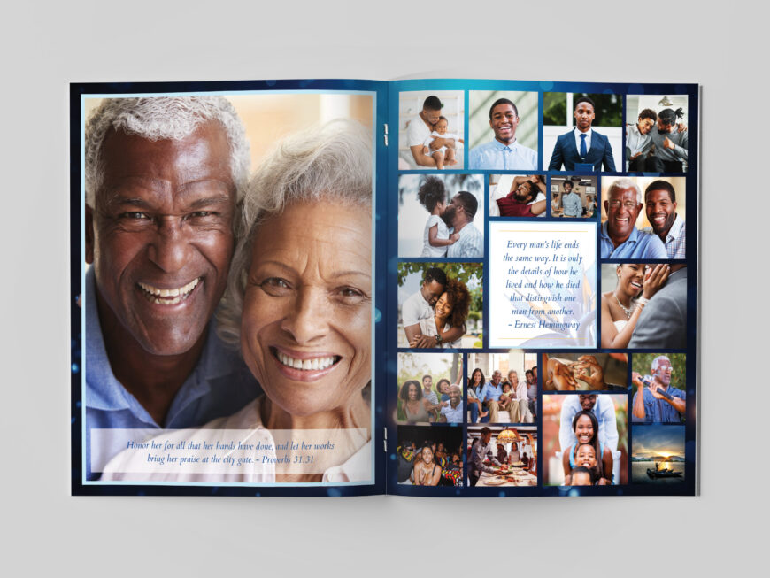 Blue Essence Funeral Program Template for Canva