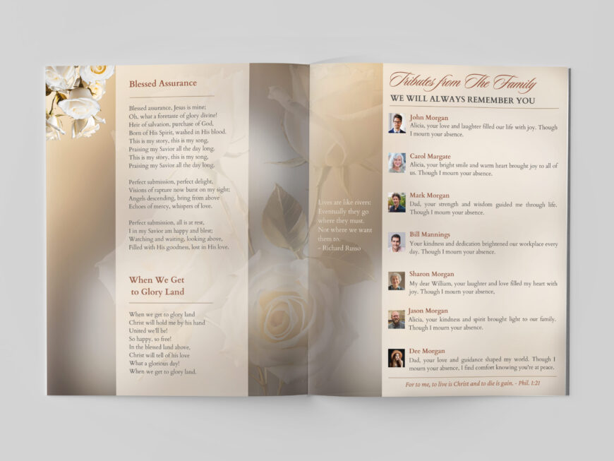 White Rose Funeral Program Template for Canva