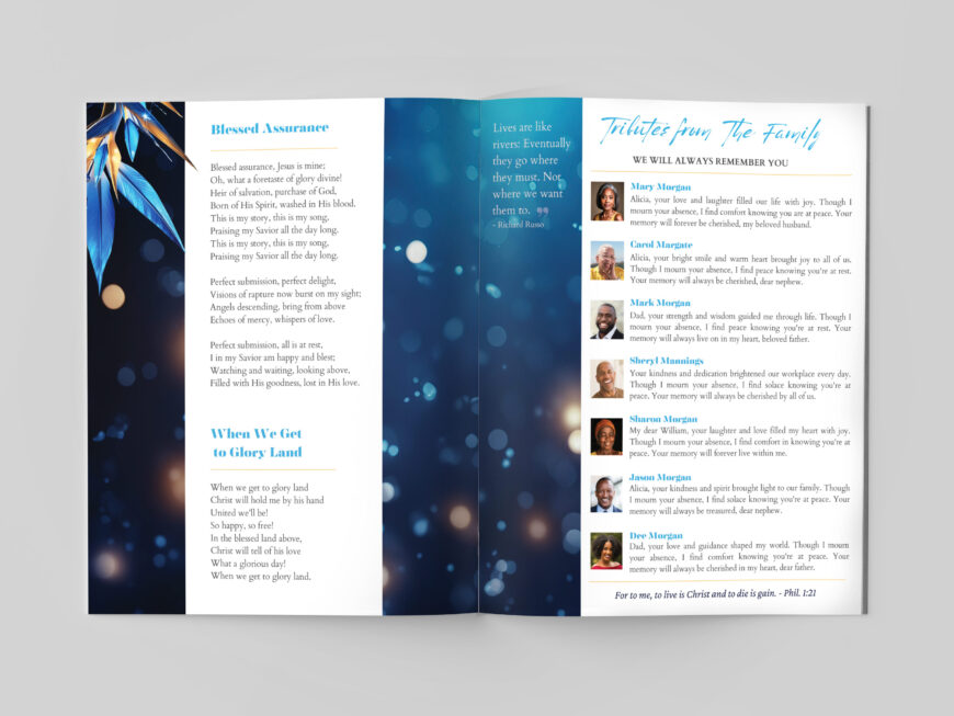 Blue Essence Funeral Program Template for Canva