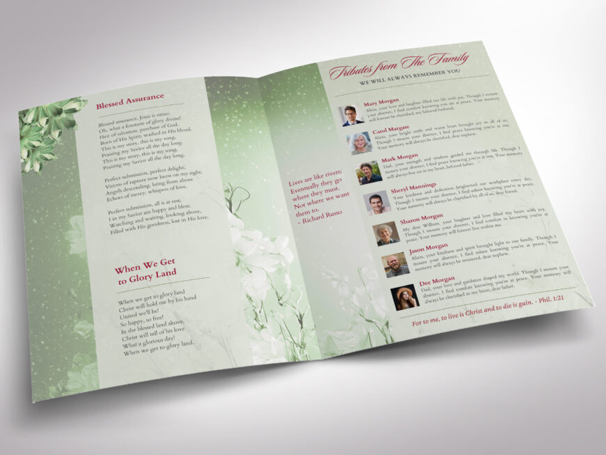 Green Essence Funeral Program Template for Canva