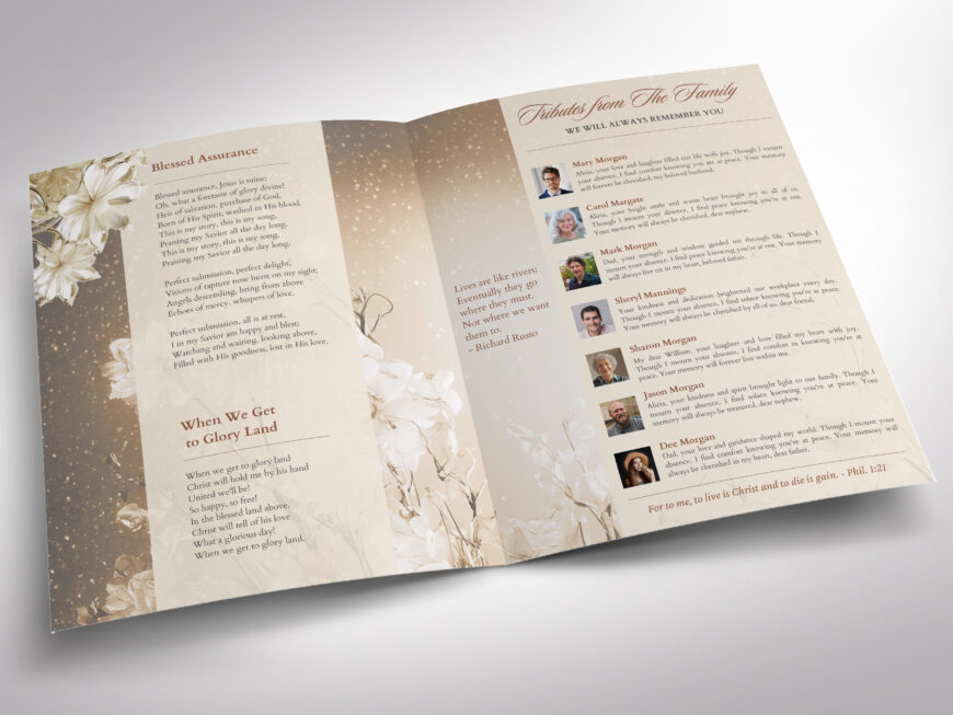 Beige Essence Funeral Program Template for Canva