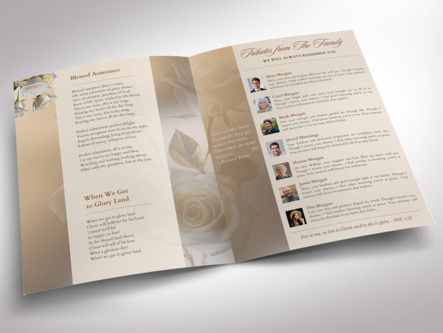 White Rose Tabloid Funeral Program Template for Canva