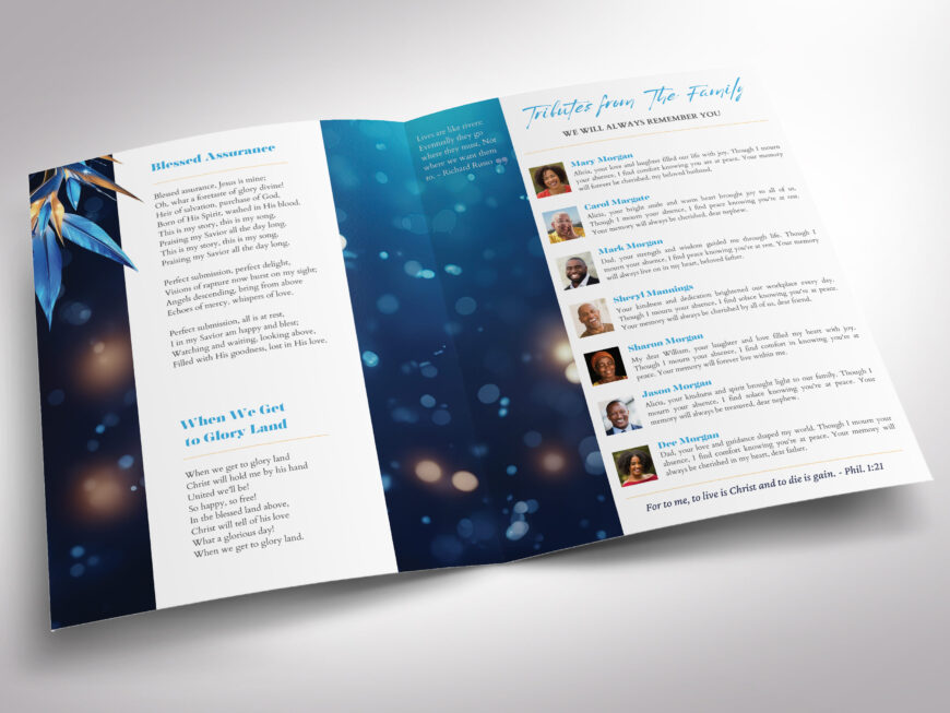 Blue Tabloid Funeral Program Template for Canva