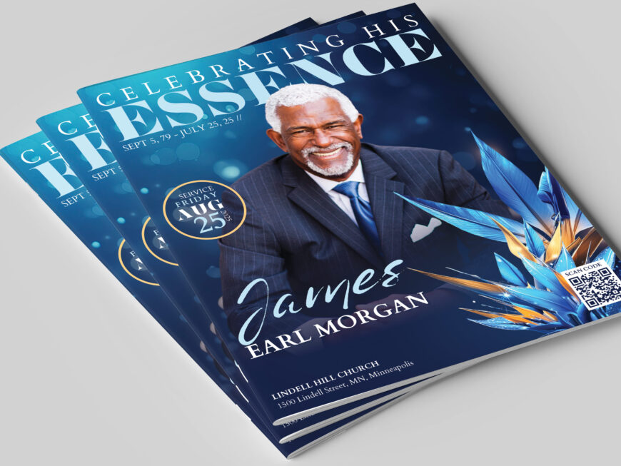 Blue Essence Funeral Program Template for Canva