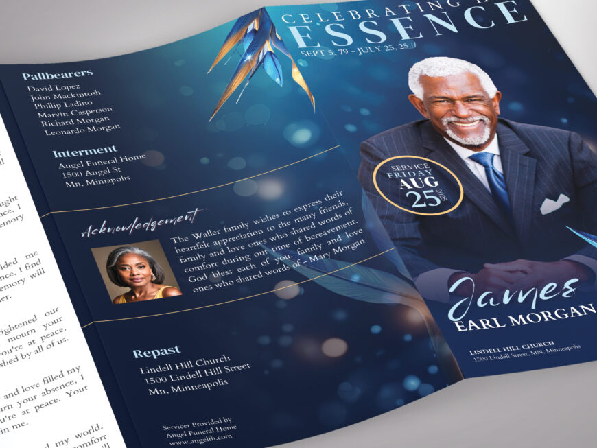 Blue Trifold Funeral Program Template for Canva