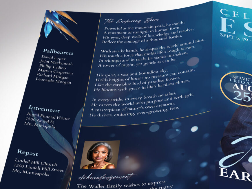 Blue Funeral Program Template for Canva