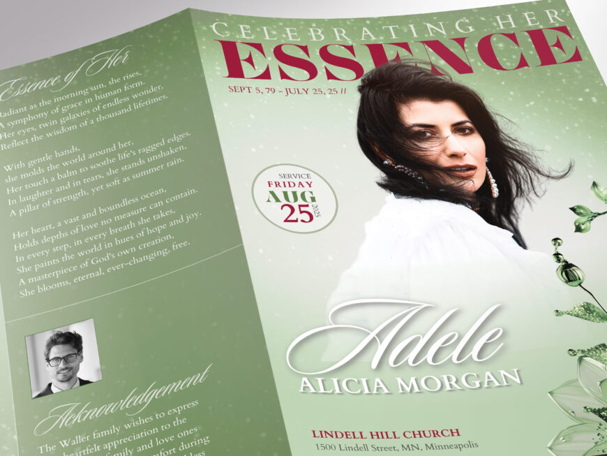 Green Essence Funeral Program Template for Canva