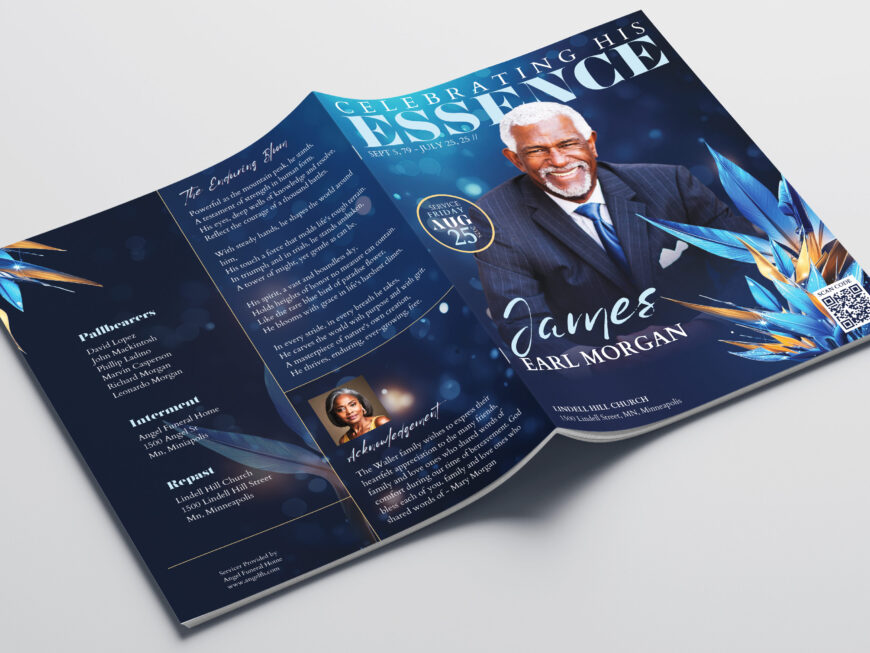 Blue Essence Funeral Program Template for Canva