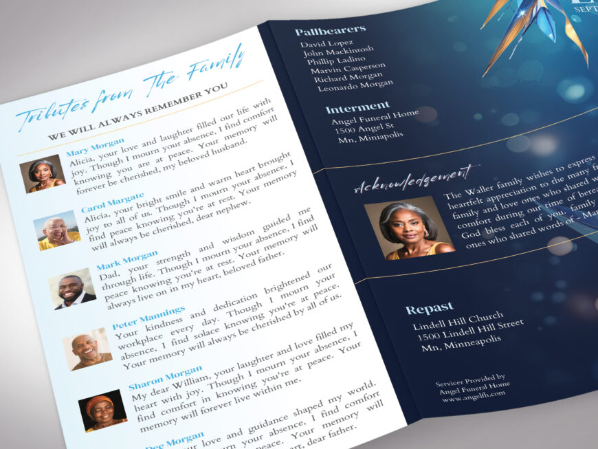 Blue Trifold Funeral Program Template for Canva