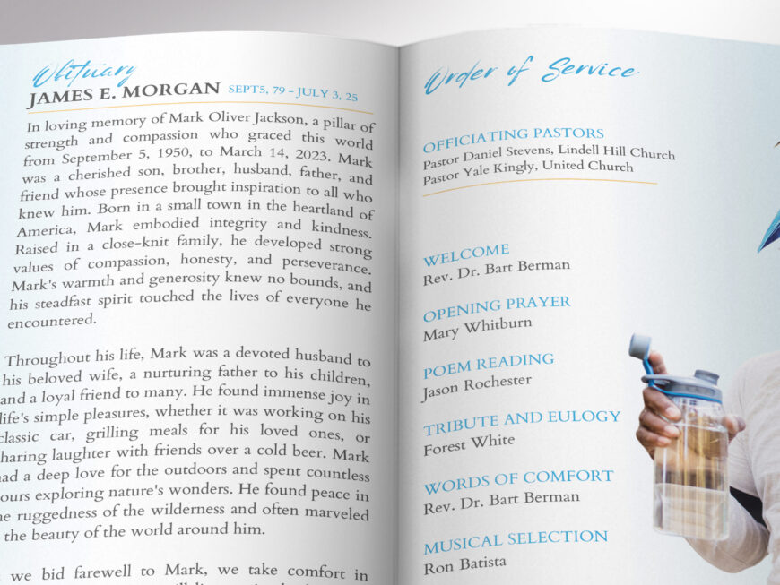 Blue Funeral Program Template for Canva