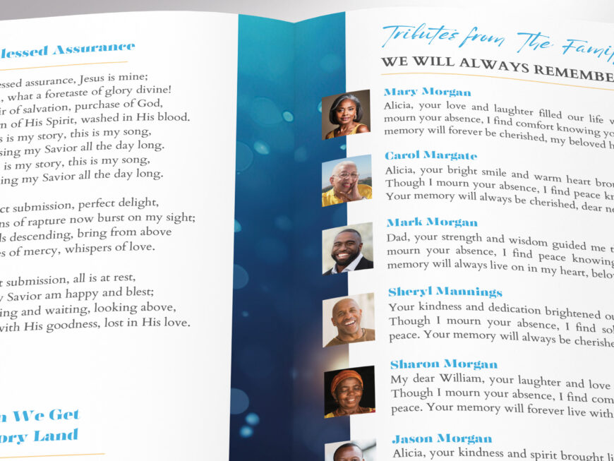 Small Blue Funeral Program Template for Canva