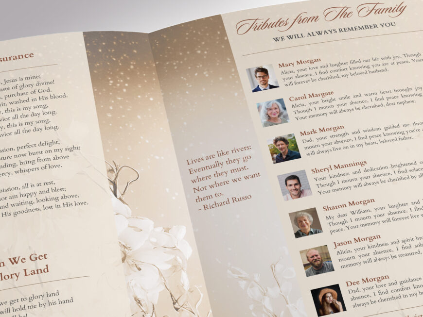 Beige Essence Funeral Program Template for Canva