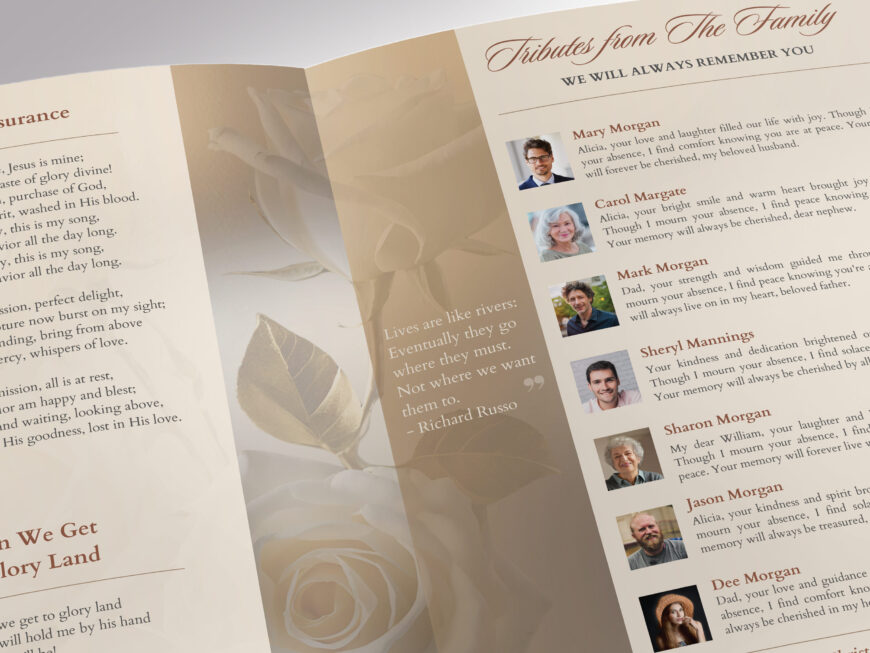 White Rose Tabloid Funeral Program Template for Canva