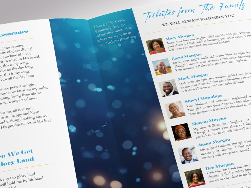 Blue Tabloid Funeral Program Template for Canva