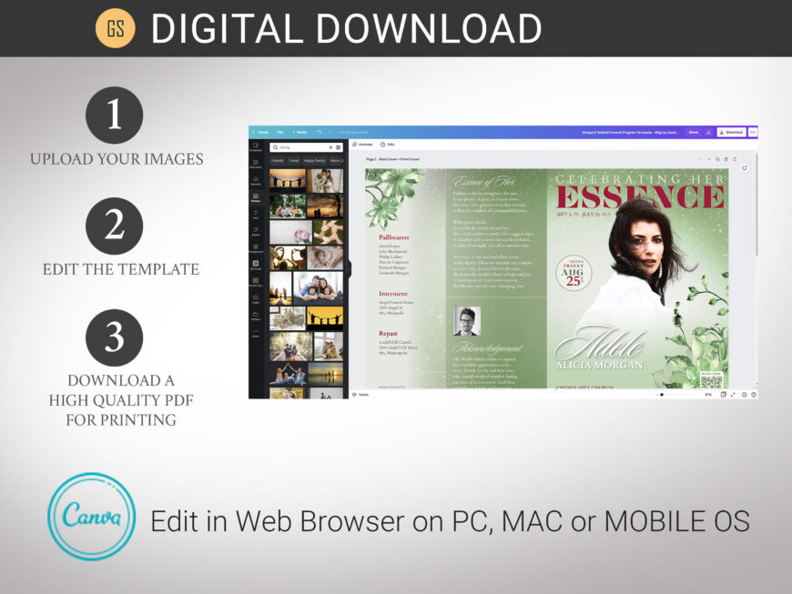 Green Essence Funeral Program Template for Canva