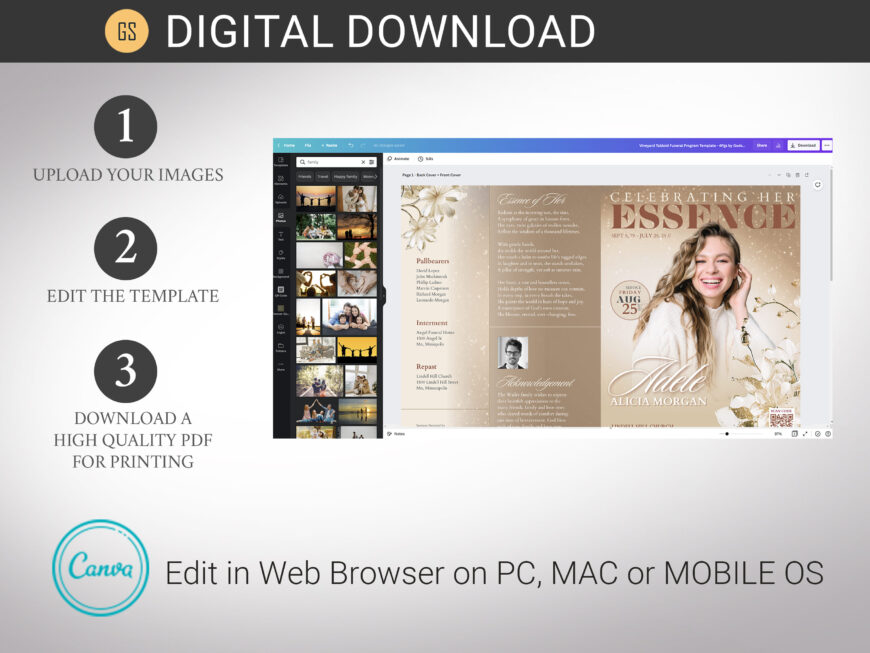 Beige Essence Funeral Program Template for Canva