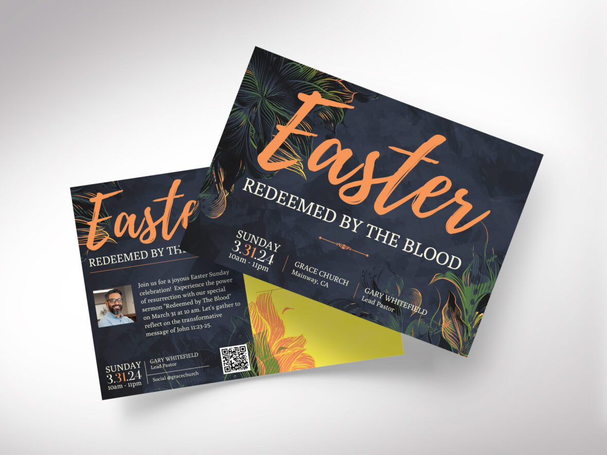 Redeemed Easter Sunday Church Postcard Template for Canva, Orange Blue, Easter Service Church Invitation, Resurrection Sunday, EDDM Compliant