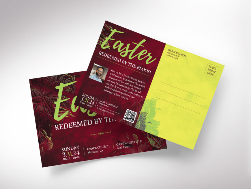 Easter Sunday Church Postcard Template for Canva, Red Green