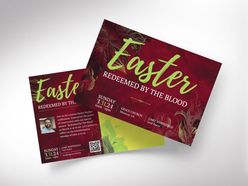 Easter Sunday Church Postcard Template for Canva, Red Green, Redeemed Flyer Service Church Invitation, Resurrection Sunday, EDDM Compliant